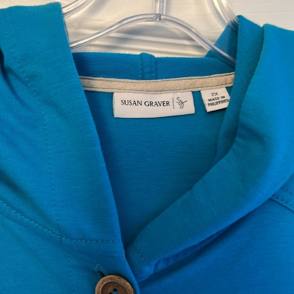 SUSAN GRAVER 2X TURQUOISE HOODED BUTTON DOWN SWEATSHIRT JACKET - Picture 2 of 13